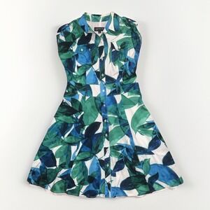 Jones New York Dress 10 Green/Blue Leaf Print Lined Sleeveless Summer Colorful